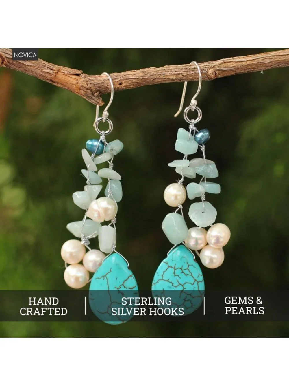 Handcrafted Pearl Waterfall Earrings | Amazonite & Turquoise Beaded Dangle